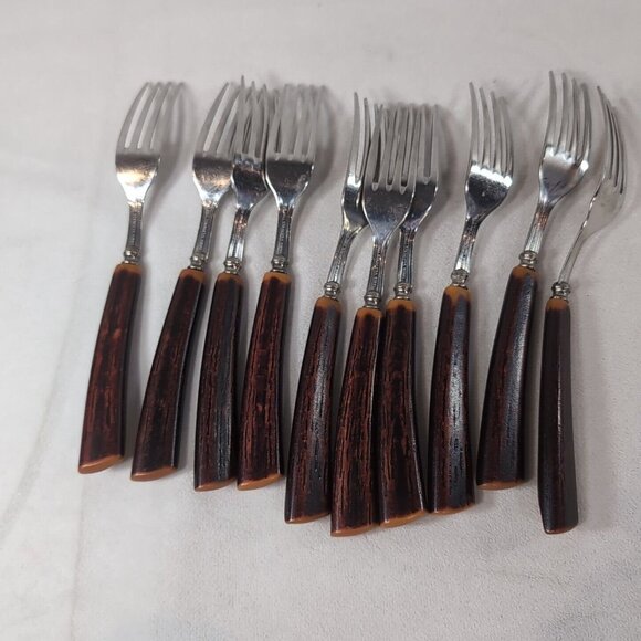 Vintage Glo-Hill Faux Antler Forks 10 Set Faux Wood Stainless Steel Cutlery - Picture 8 of 10